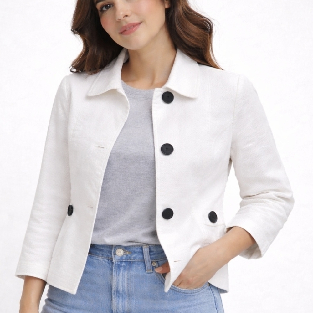 Jones New York White Crop Jacket Textured Herringbone Button Front 6 Petite
